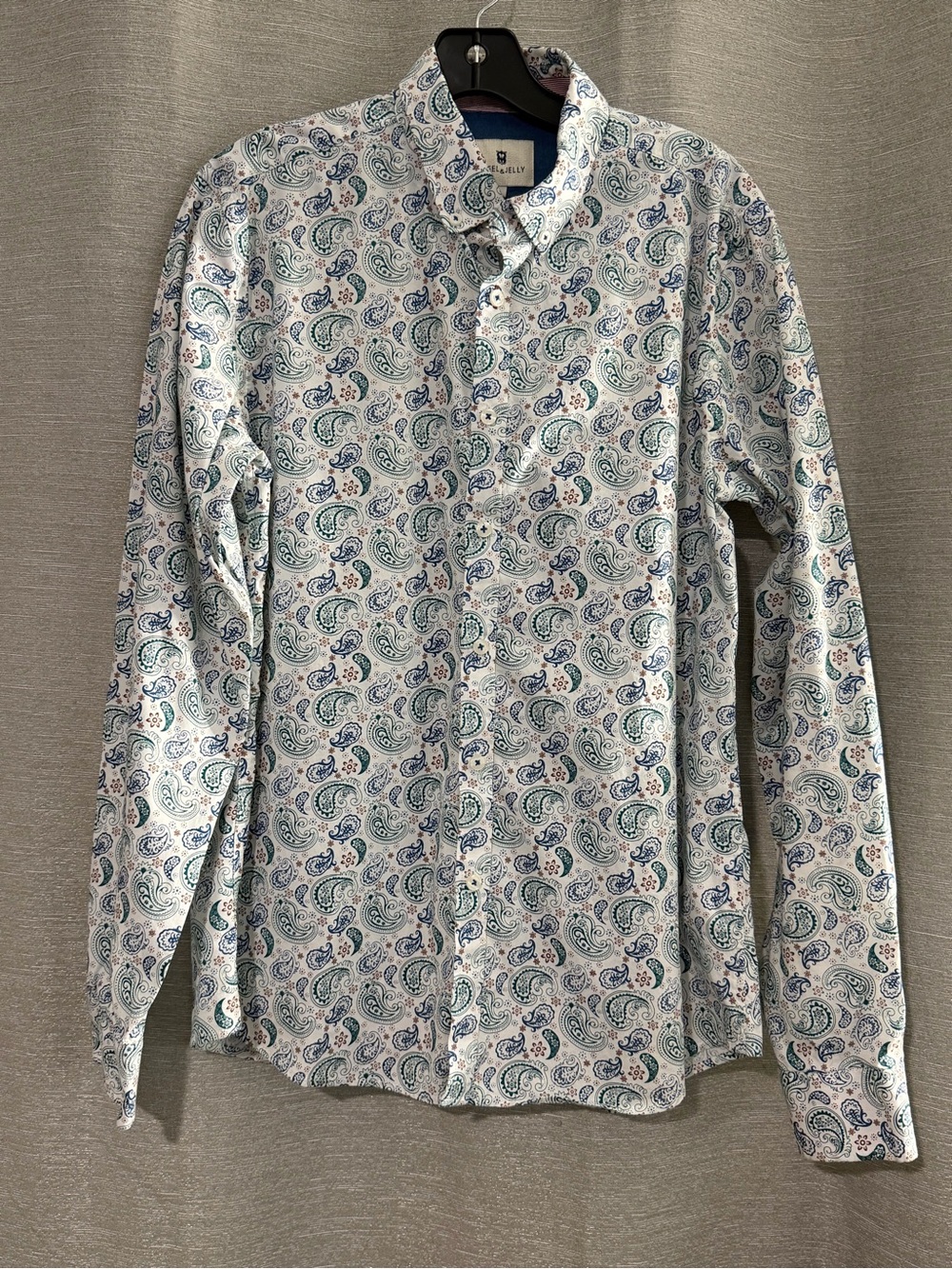 Steel & Jelly Men’s Large Paisley Stretch Button Down Shirt Blue Green Cotton